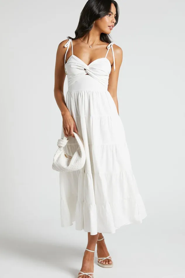 Leticia Midi Dress 8211 Twist Front Tie Strap Tiered Dress In Off White Women Showpo Conscious
