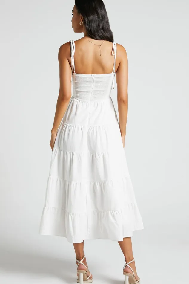 Leticia Midi Dress 8211 Twist Front Tie Strap Tiered Dress In Off White Women Showpo Conscious
