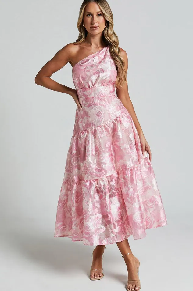 Lettie Midi Dress 8211 One Shoulder Tiered Dress In Blurred Rose Women Showpo Dresses