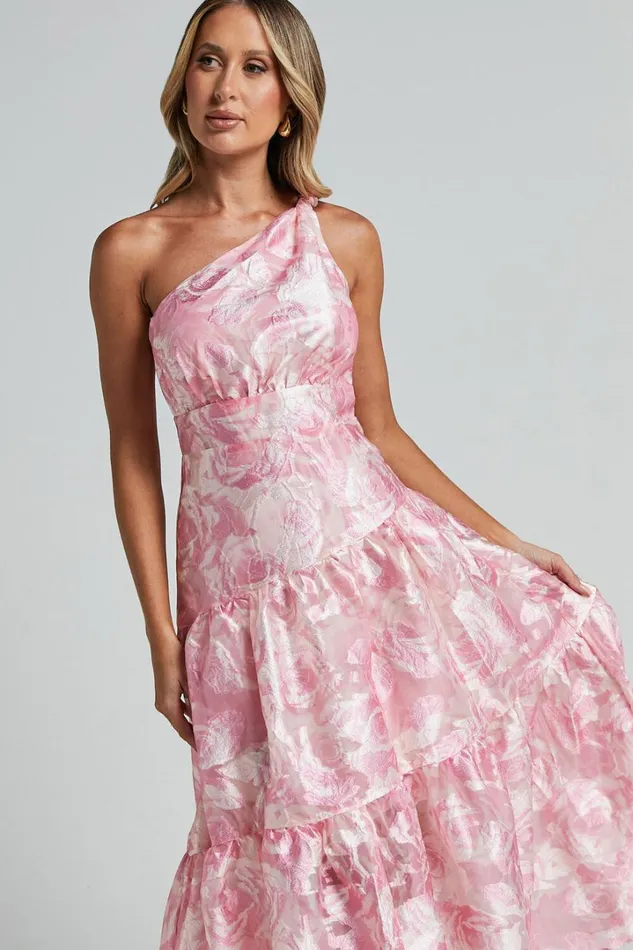 Lettie Midi Dress 8211 One Shoulder Tiered Dress In Blurred Rose Women Showpo Dresses