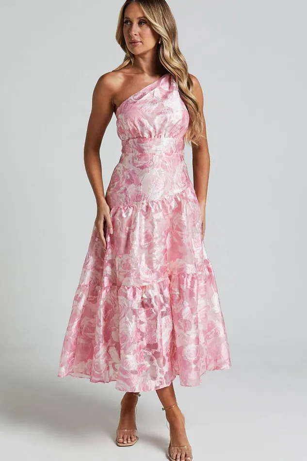 Lettie Midi Dress 8211 One Shoulder Tiered Dress In Blurred Rose Women Showpo Dresses