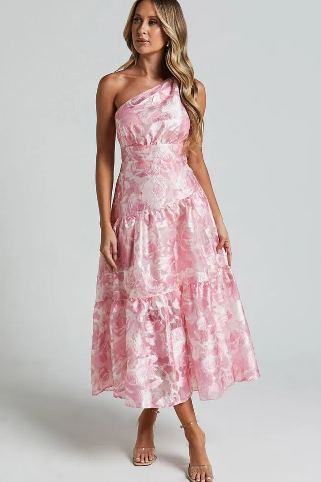 Lettie Midi Dress 8211 One Shoulder Tiered Dress In Blurred Rose Women Showpo Dresses