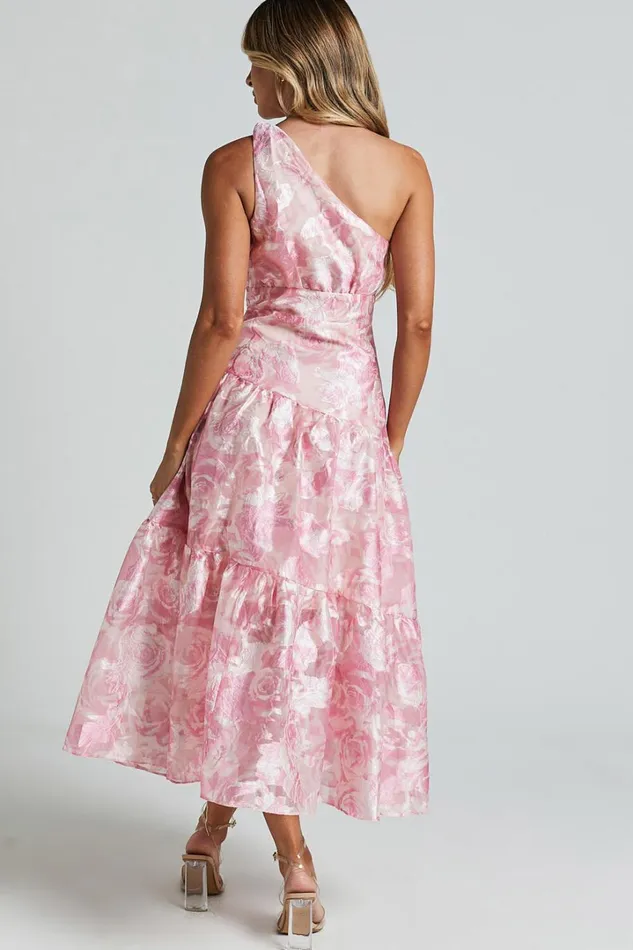 Lettie Midi Dress 8211 One Shoulder Tiered Dress In Blurred Rose Women Showpo Dresses