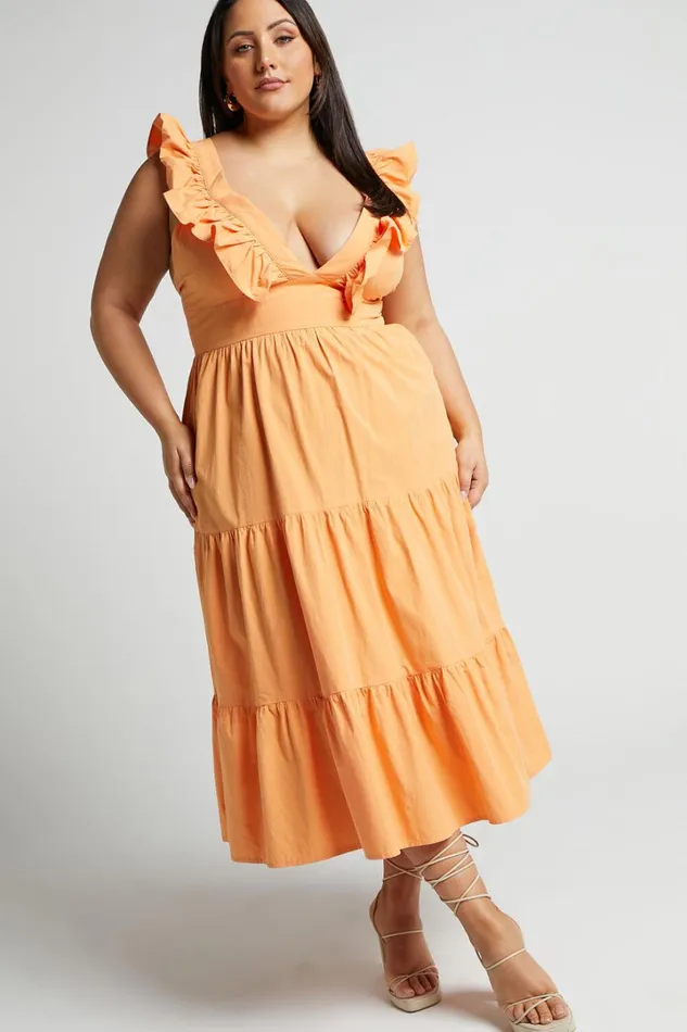 Levona Midi Dress 8211 Ruffle Shoulder Tiered Dress In Orange Women Showpo Curve Clothes