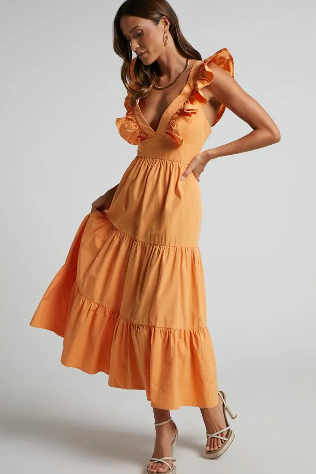 Levona Midi Dress 8211 Ruffle Shoulder Tiered Dress In Orange Women Showpo Curve Clothes