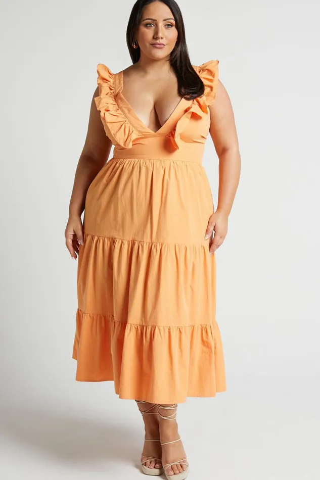 Levona Midi Dress 8211 Ruffle Shoulder Tiered Dress In Orange Women Showpo Curve Clothes
