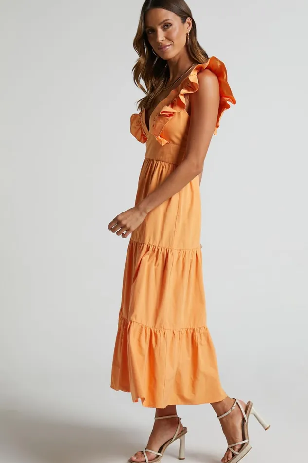 Levona Midi Dress 8211 Ruffle Shoulder Tiered Dress In Orange Women Showpo Curve Clothes