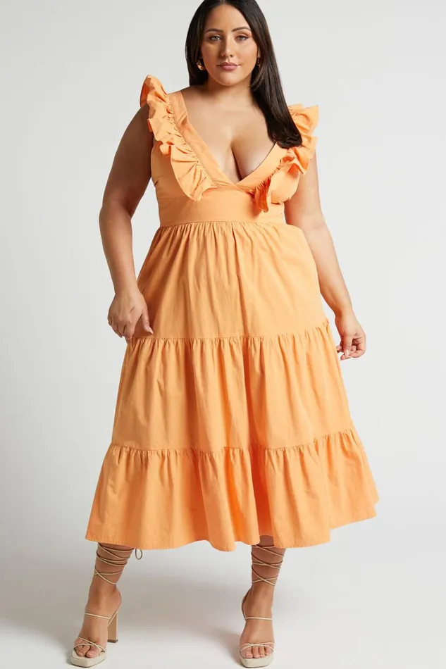 Levona Midi Dress 8211 Ruffle Shoulder Tiered Dress In Orange Women Showpo Curve Clothes