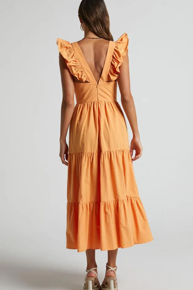 Levona Midi Dress 8211 Ruffle Shoulder Tiered Dress In Orange Women Showpo Curve Clothes