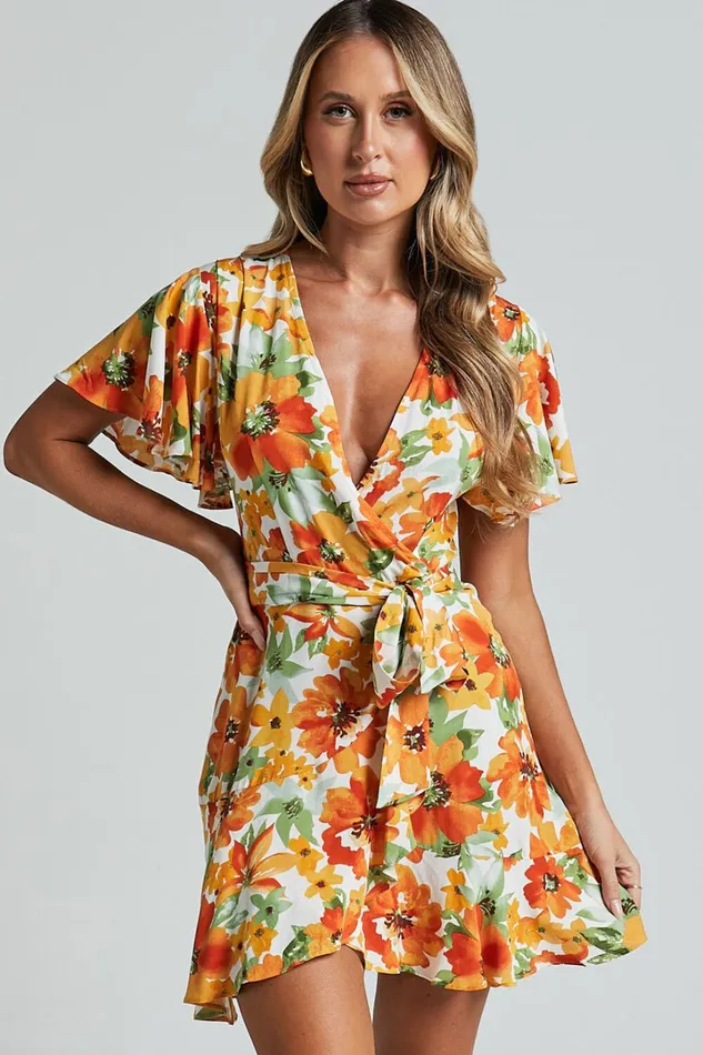 Lilibeth Mini Dress 8211 V Neck Short Flutter Sleeve Ruffle Hem Wrap In Yellow Floral Women Showpo Dresses Lilibeth Mini Dress 8211 V Neck Short Flutter Sleeve Ruffle Hem Wrap In Yellow Floral Women Showpo Dresses