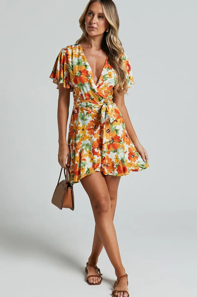 Lilibeth Mini Dress 8211 V Neck Short Flutter Sleeve Ruffle Hem Wrap In Yellow Floral Women Showpo Dresses