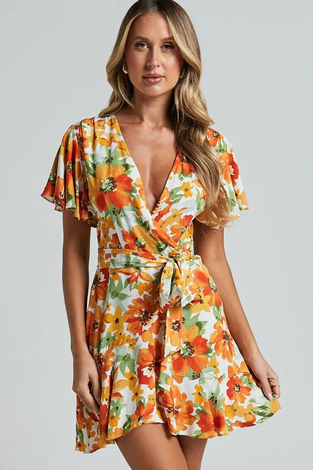 Lilibeth Mini Dress 8211 V Neck Short Flutter Sleeve Ruffle Hem Wrap In Yellow Floral Women Showpo Dresses