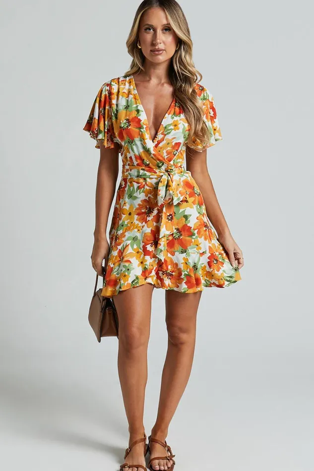 Lilibeth Mini Dress 8211 V Neck Short Flutter Sleeve Ruffle Hem Wrap In Yellow Floral Women Showpo Dresses
