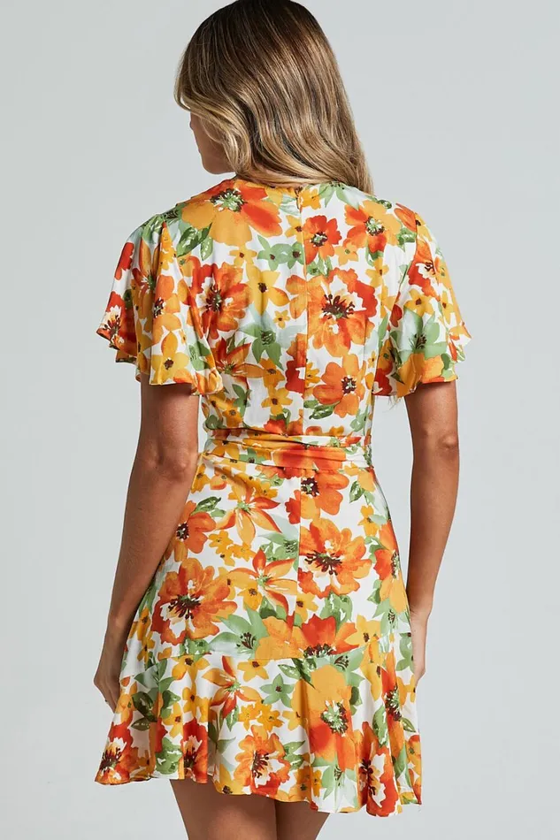 Lilibeth Mini Dress 8211 V Neck Short Flutter Sleeve Ruffle Hem Wrap In Yellow Floral Women Showpo Dresses