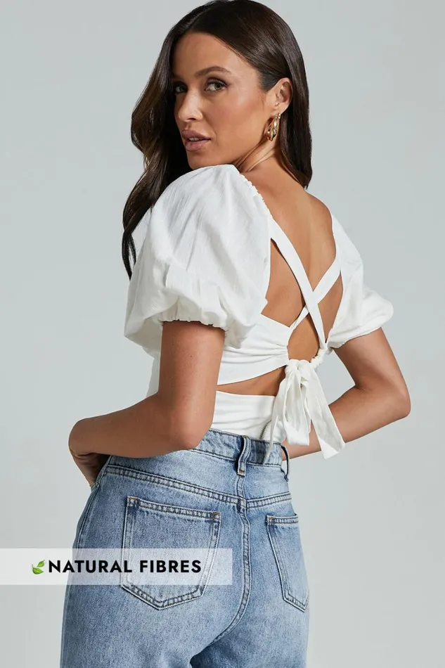 Liliosa Top 8211 Square Neck Tie Back Puff Sleeve Top In White Women Showpo Conscious