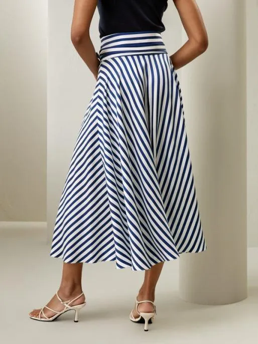Lilysilk Pinstriped Silk Skirt With Waist Tie Classic And Elegant Women Bottoms