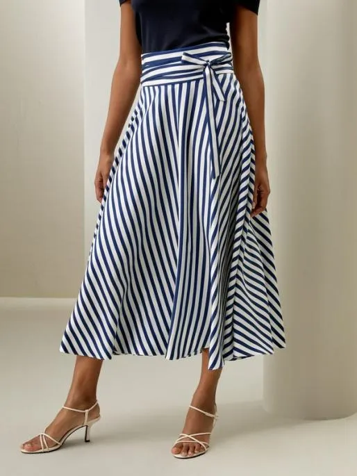 Lilysilk Pinstriped Silk Skirt With Waist Tie Classic And Elegant Women Bottoms