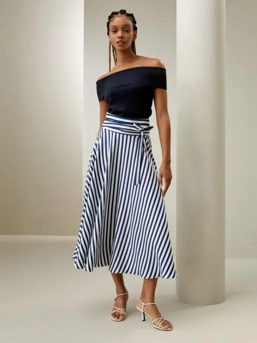Lilysilk Pinstriped Silk Skirt With Waist Tie Classic And Elegant Women Bottoms