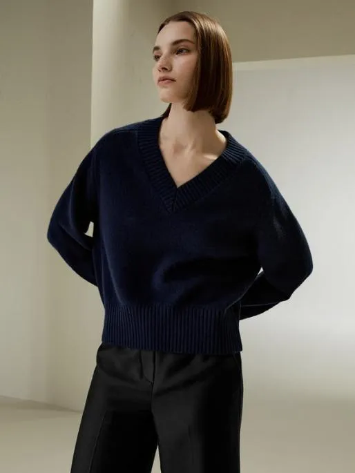 Lilysilk VNeck Relaxed Fit Wool Cashmere Blend Sweater Women Knitwear