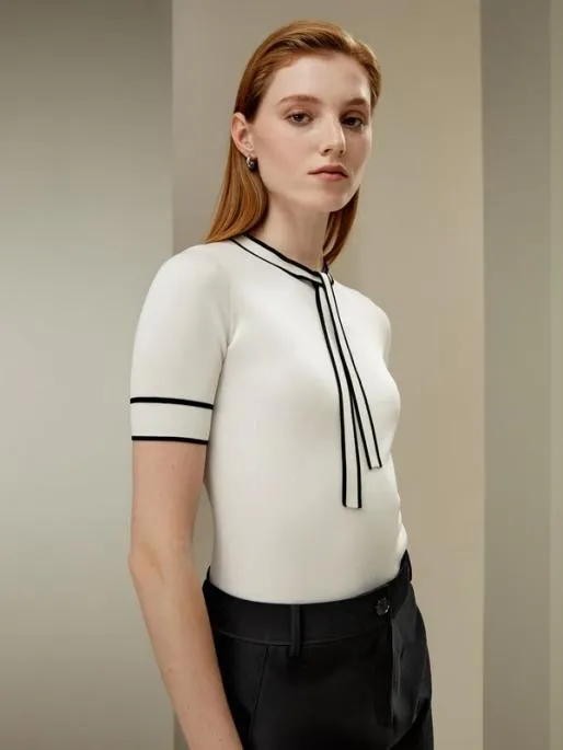 Lilysilk White Mulberry Silk Knit Top With Black Trim Women Tops