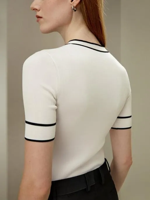 Lilysilk White Mulberry Silk Knit Top With Black Trim Women Tops