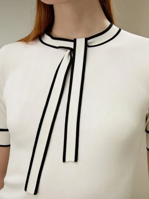 Lilysilk White Mulberry Silk Knit Top With Black Trim Women Tops