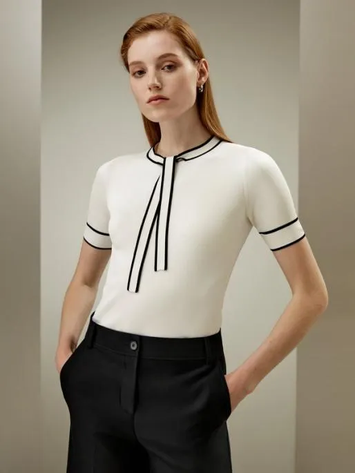 Lilysilk White Mulberry Silk Knit Top With Black Trim Women Tops