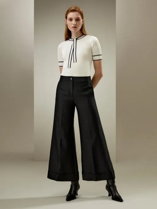 Lilysilk White Mulberry Silk Knit Top With Black Trim Women Tops