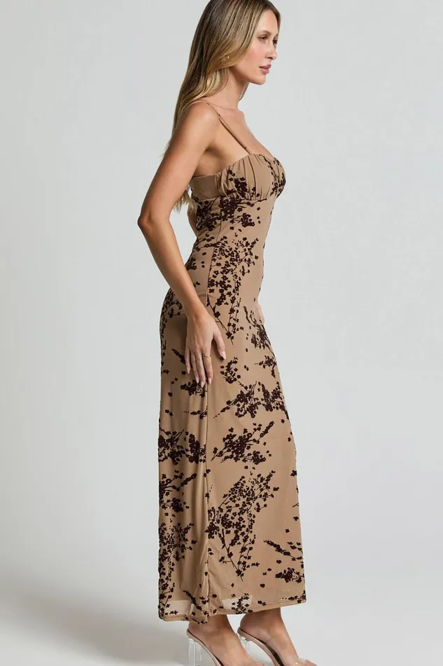 Lindsay Midi Dress 8211 Ruched Chest Velvet Burnout Slip Dress In Brown Floral Women Showpo Dresses