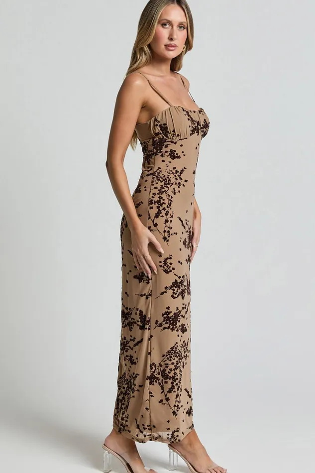Lindsay Midi Dress 8211 Ruched Chest Velvet Burnout Slip Dress In Brown Floral Women Showpo Dresses
