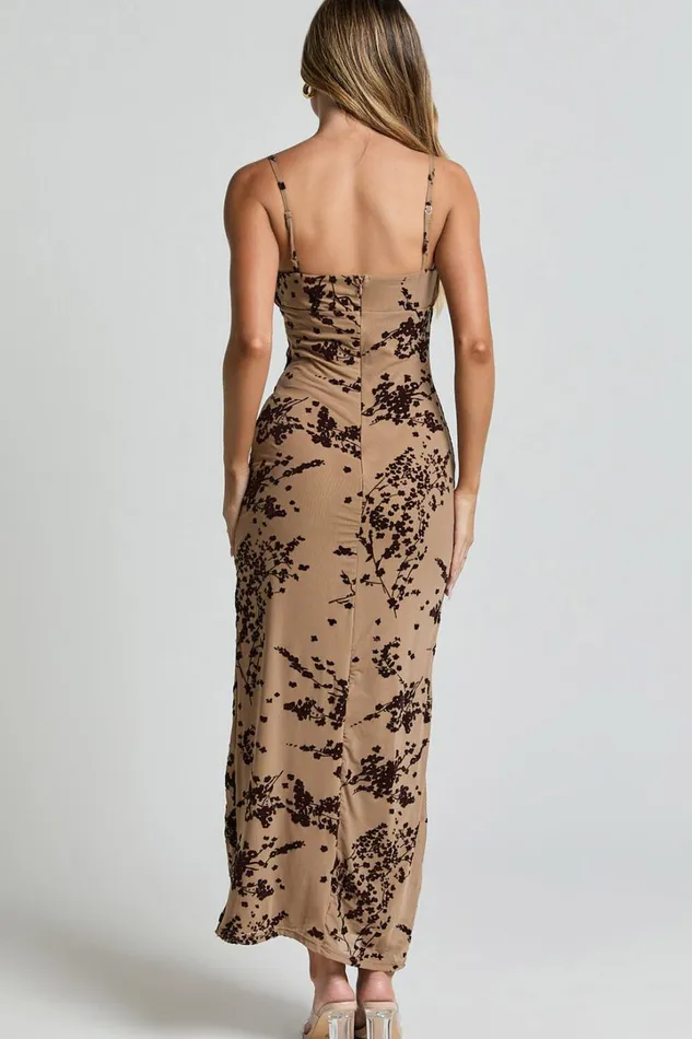 Lindsay Midi Dress 8211 Ruched Chest Velvet Burnout Slip Dress In Brown Floral Women Showpo Dresses
