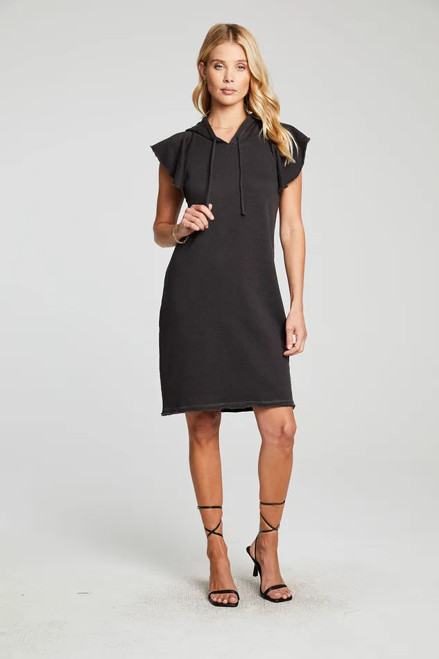 Linen French Terry Flutter Sleeve Hooded Sweatshirt Dress Outerwear Chaser Brand Womens