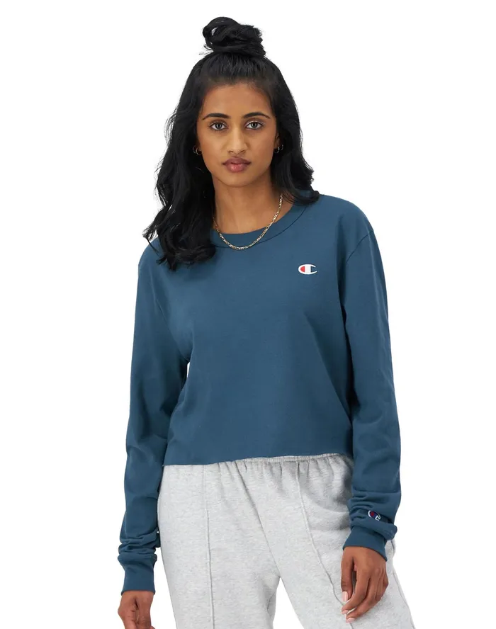 LongSleeve Crop Top C Logo Metallic Teal Women Champion TShirts and Tops