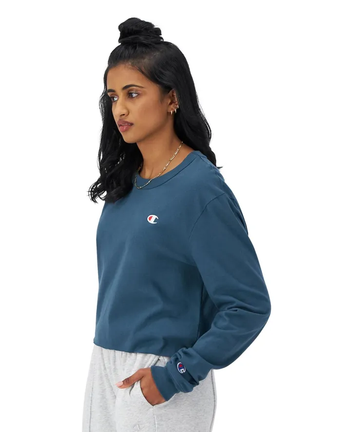 LongSleeve Crop Top C Logo Metallic Teal Women Champion TShirts and Tops
