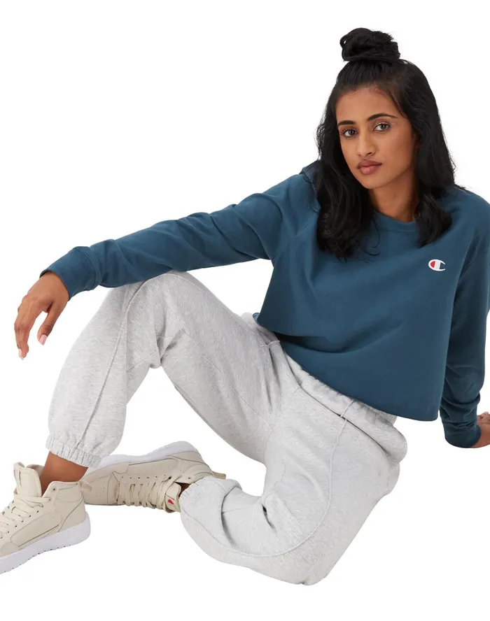 LongSleeve Crop Top C Logo Metallic Teal Women Champion TShirts and Tops
