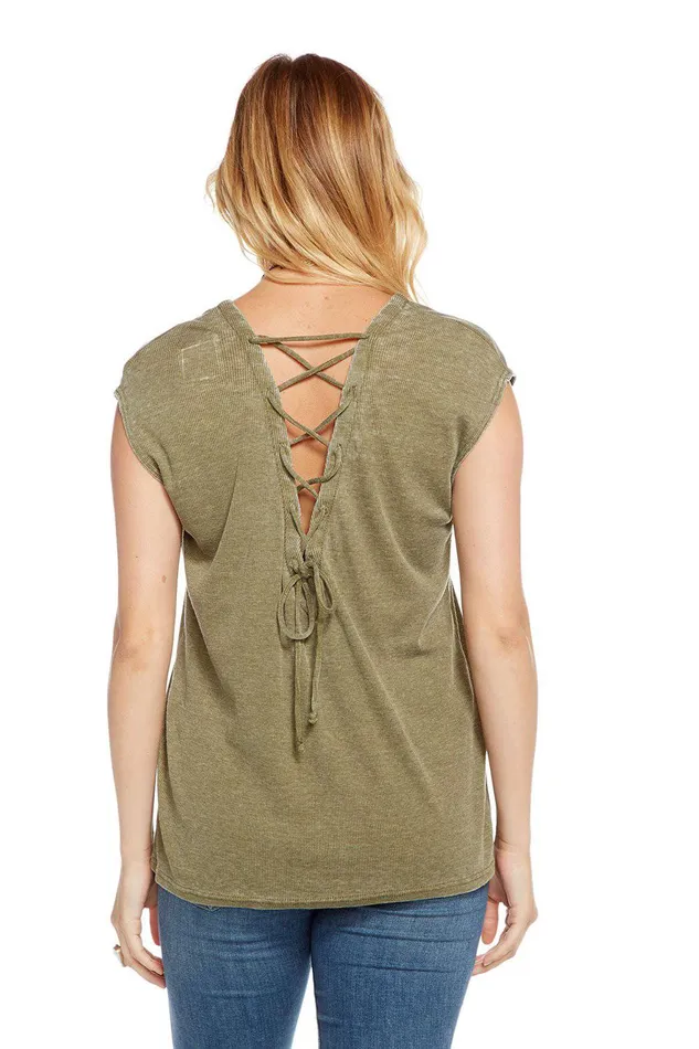 Loungewear VINTAGE RIB CAP SLEEVE LACE UP BACK TEE Chaser Brand Womens