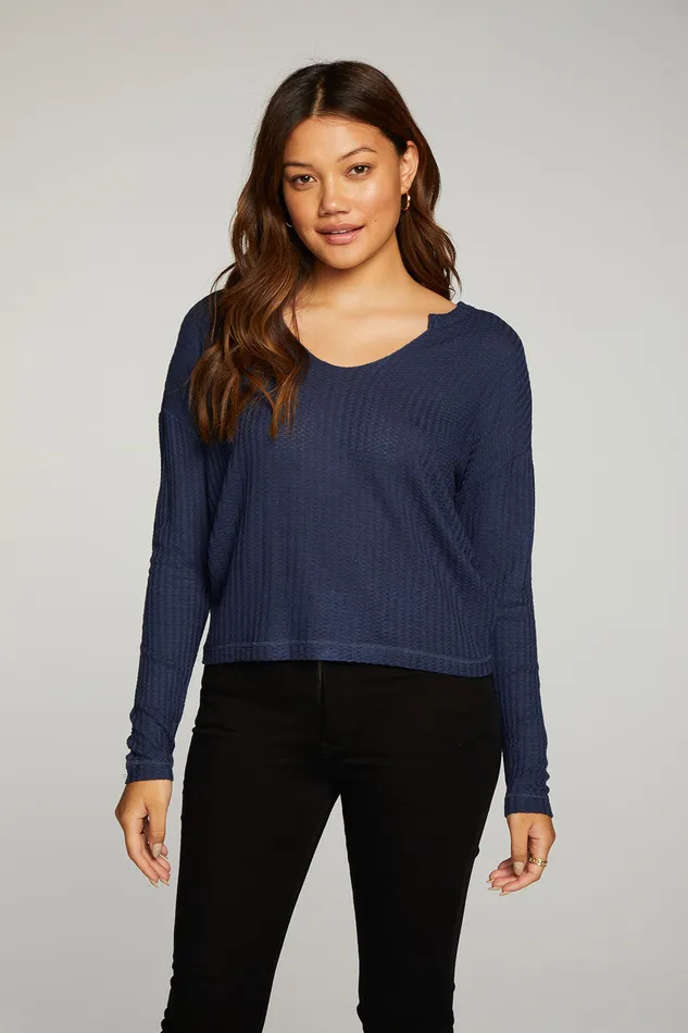 Loungewear Vintage Thermal Long Sleeve Split Neck Drop Shoulder Boxy Tee Chaser Brand Womens