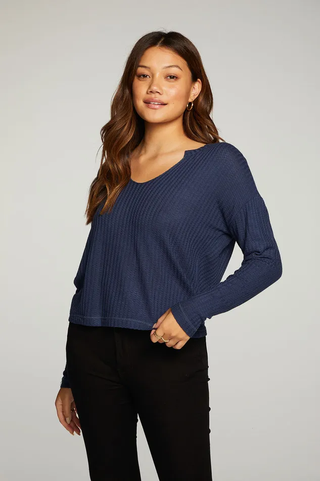 Loungewear Vintage Thermal Long Sleeve Split Neck Drop Shoulder Boxy Tee Chaser Brand Womens
