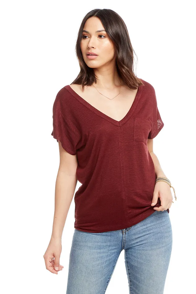 Loungewear Womens Chaser Brand Linen Jersey Drop Shoulder Short Sleeve Double V Tee