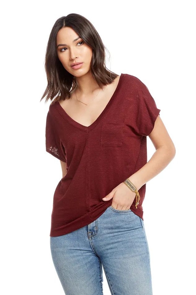 Loungewear Womens Chaser Brand Linen Jersey Drop Shoulder Short Sleeve Double V Tee