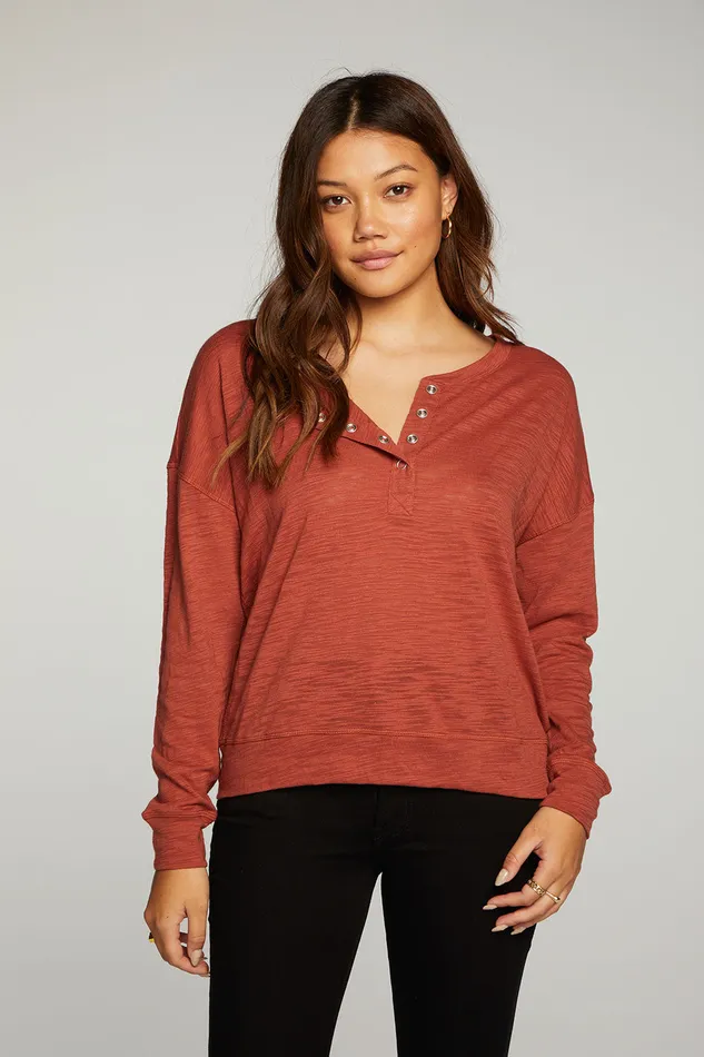 Loungewear Womens Chaser Brand Slub Jersey Long Sleeve Henley With Cuffs