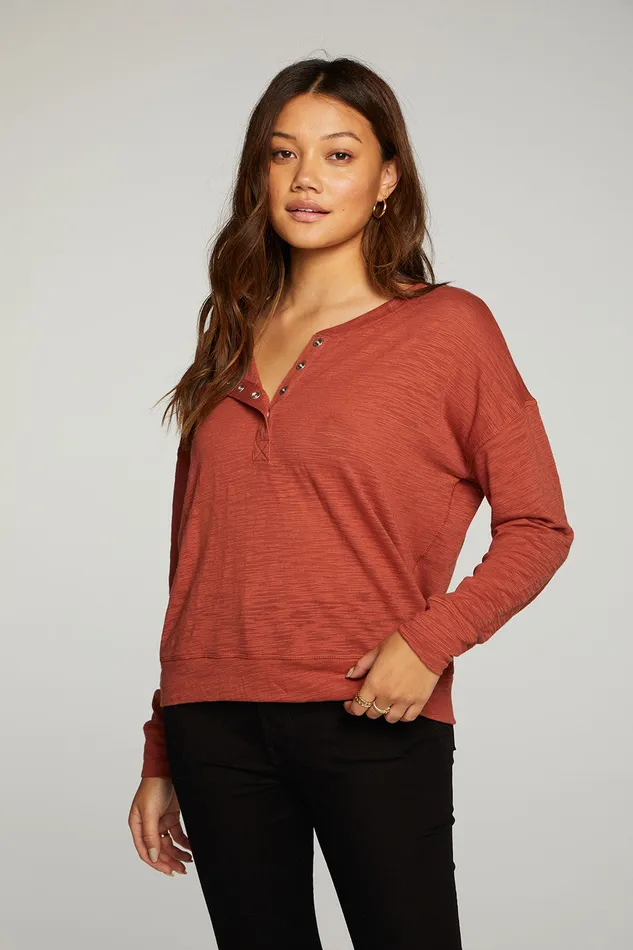 Loungewear Womens Chaser Brand Slub Jersey Long Sleeve Henley With Cuffs