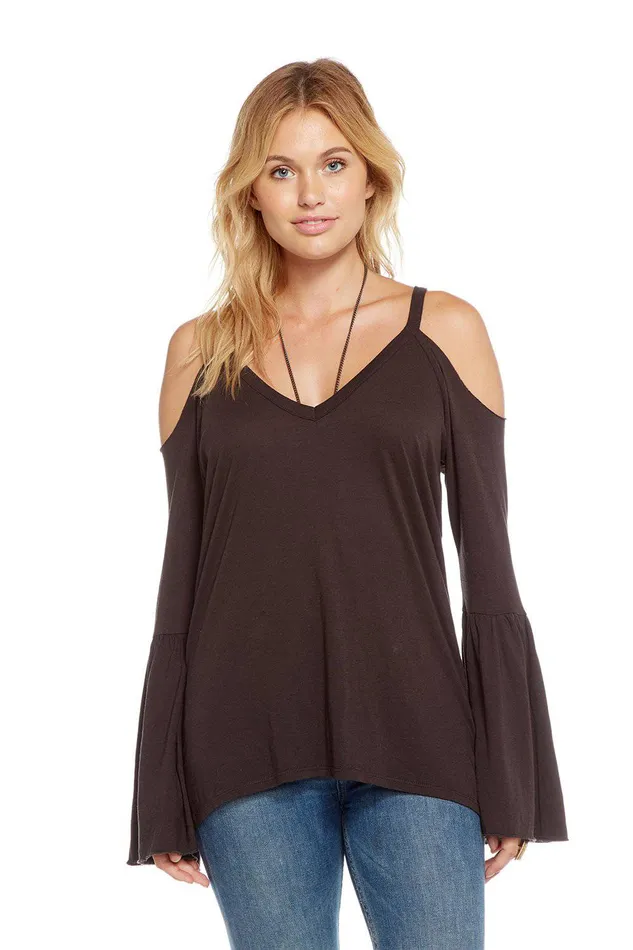 Loungewear Womens VINTAGE JERSEY COLD SHOULDER PEPLUM SLEEVE V NECK TEE Chaser Brand