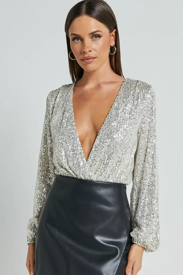 Madone Bodysuit 8211 Long Sleeve V Neck Sequin In Silver Women Showpo Curve Clothes