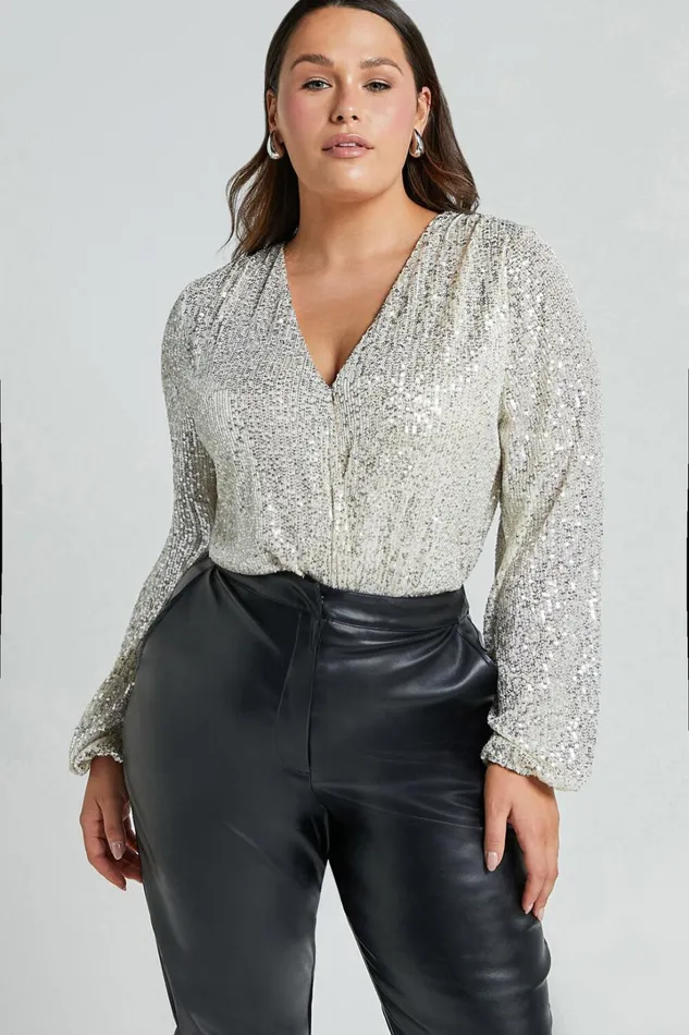 Madone Bodysuit 8211 Long Sleeve V Neck Sequin In Silver Women Showpo Curve Clothes