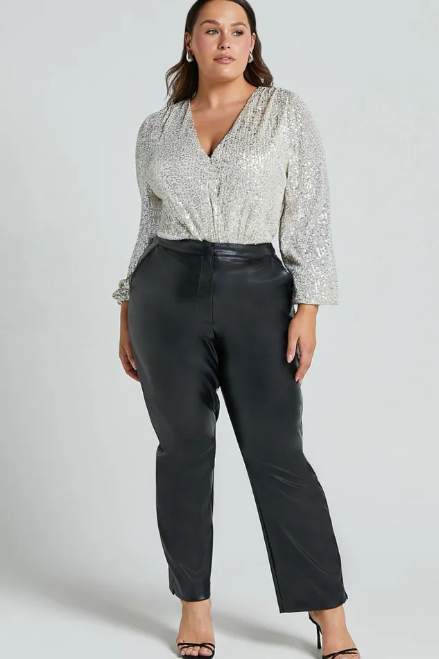Madone Bodysuit 8211 Long Sleeve V Neck Sequin In Silver Women Showpo Curve Clothes