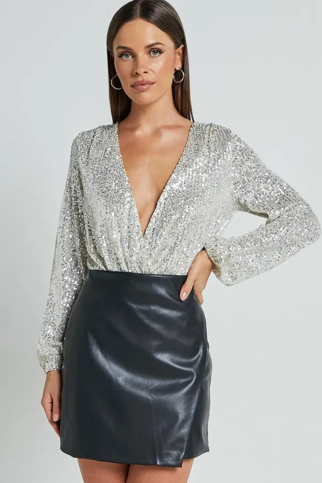 Madone Bodysuit 8211 Long Sleeve V Neck Sequin In Silver Women Showpo Curve Clothes
