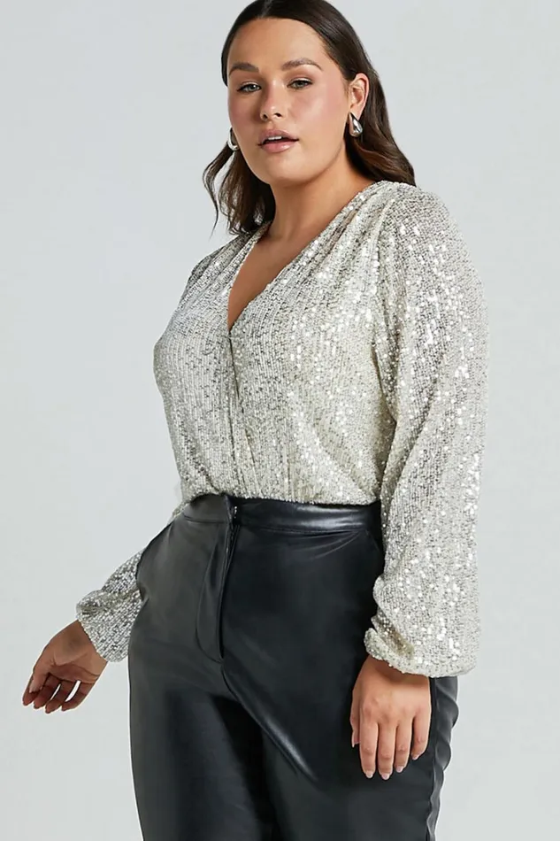Madone Bodysuit 8211 Long Sleeve V Neck Sequin In Silver Women Showpo Curve Clothes