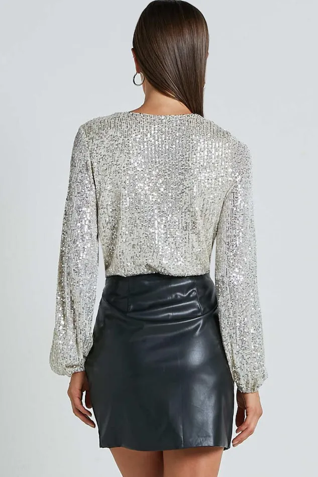 Madone Bodysuit 8211 Long Sleeve V Neck Sequin In Silver Women Showpo Curve Clothes