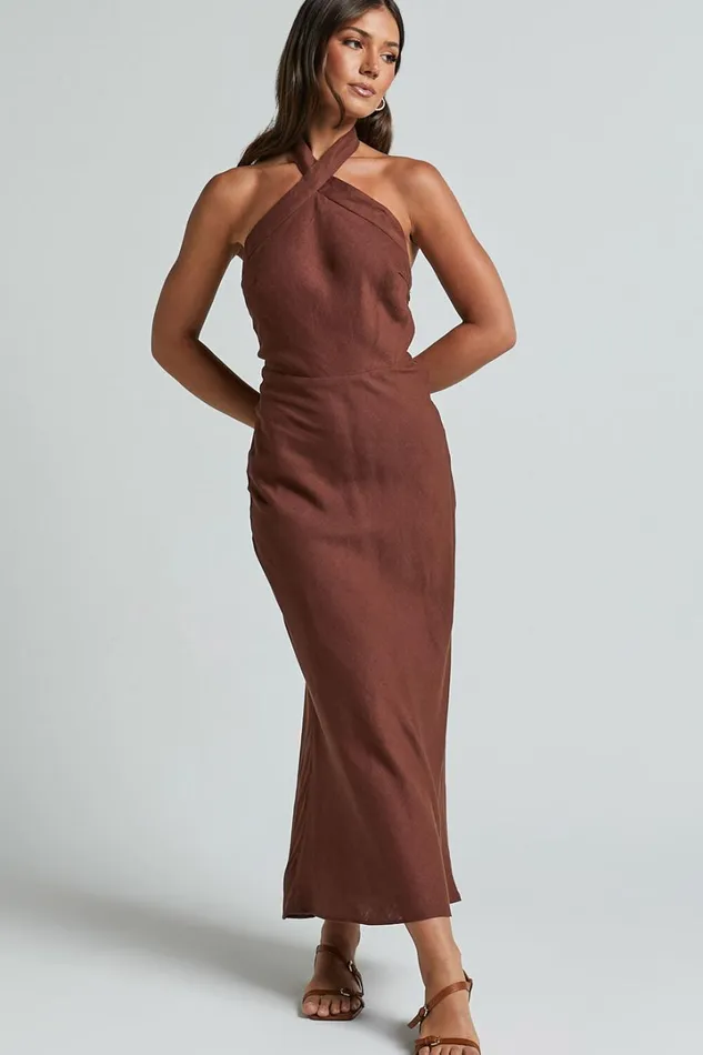 Maelynn Midi Dress 8211 Linen Look Twist Halter Neck Low Back Slip Dress In Chocolate Women Showpo Dresses Maelynn Midi Dress 8211 Linen Look Twist Halter Neck Low Back Slip Dress In Chocolate Women Showpo Dresses